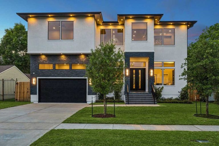 A stunning modern home exterior shown at dusk, listed by expert home selling agents sugar land for a quick and profitable sale.