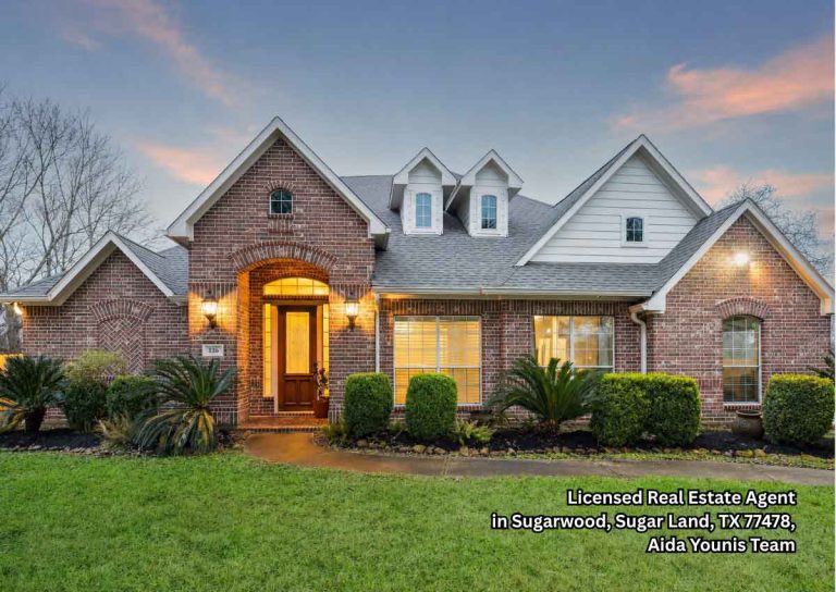 Brick home exterior at dusk with manicured lawn, marketed by home selling agents Sugar Land for local sellers.