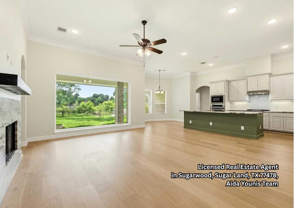 Bright open living room and kitchen, listed by home selling agents Sugar Land for buyers seeking spacious homes.