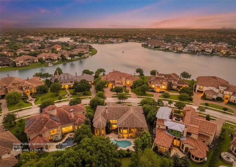 Aerial view of waterfront luxury homes listed by top home selling agents Sugar Land in Englewood Place Estates TX.