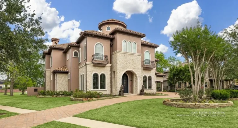 Luxury Mediterranean home in Oyster Bay listed by a premier house realtor Sugar Land TX team featuring stone accents.