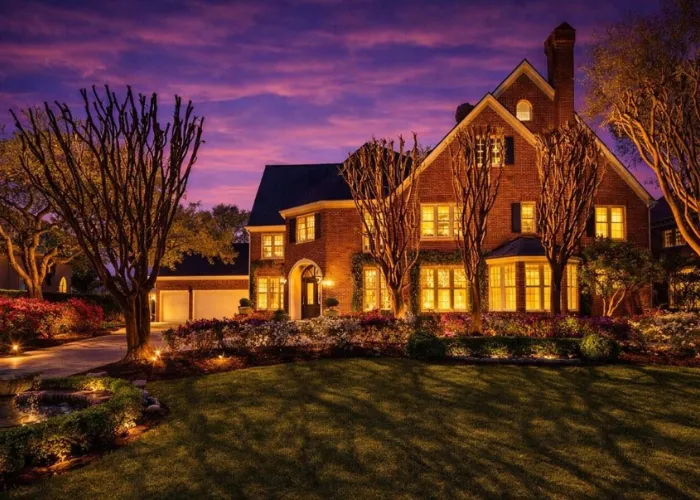 Stunning brick luxury estate with illuminated landscaping at dusk located at 35 The Oval Street, Sugar Land, TX 77479.