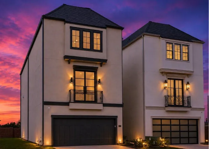 Modern multi-story townhome under a vibrant twilight sky at 4623 Sunset Circle, Sugar Land, TX 77479 at dusk.