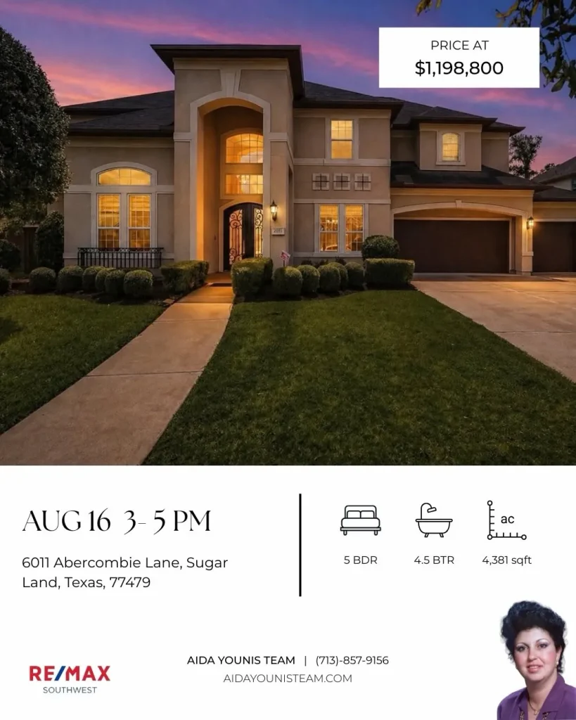 Two-story luxury home at sunset featured for an Aida Younis Team Open House on Abercombie Lane in Sugar Land, Texas.