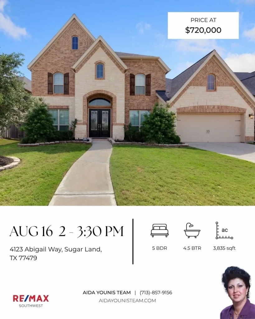 Two-story brick and stone house with lawn for an Aida Younis Team Open House event on Abigail Way in Sugar Land, Texas.
