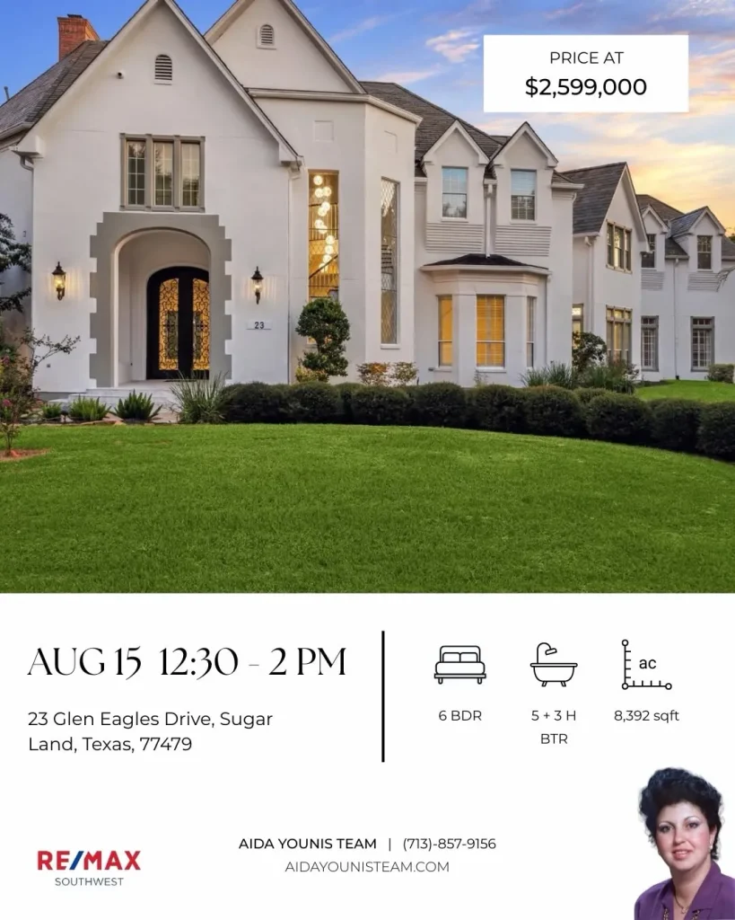 Large white luxury home and manicured green lawn for an Aida Younis Team Open House on Glen Eagles Drive in Texas.