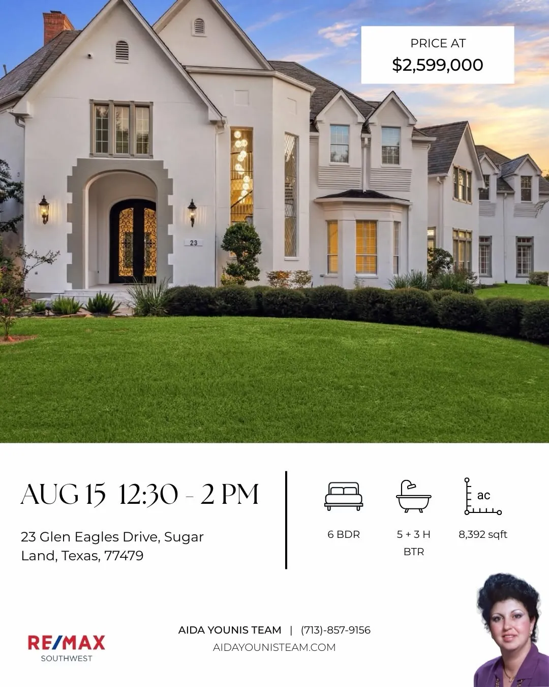 Large white luxury home and manicured green lawn for an Aida Younis Team Open House on Glen Eagles Drive in Texas.
