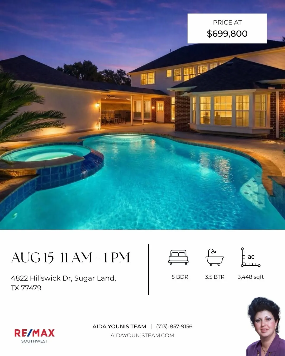 Evening view of a backyard pool and spa for an Aida Younis Team Open House on Hillswick Drive in Sugar Land, TX.