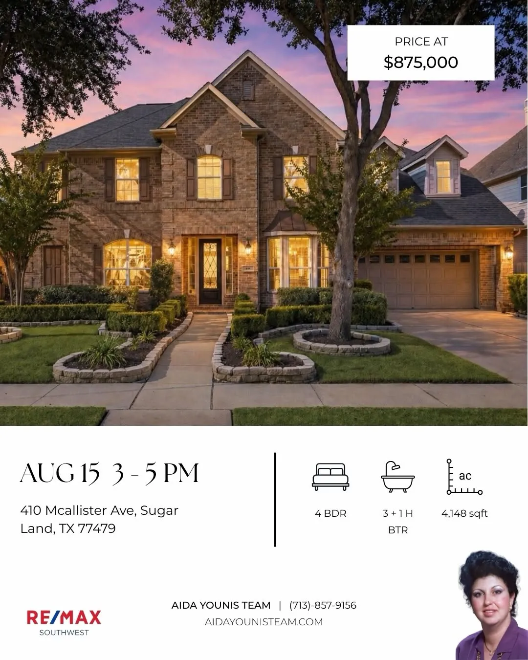 Two-story brick house with landscaped front yard for an Aida Younis Team Open House on Mcallister Ave, Sugar Land.
