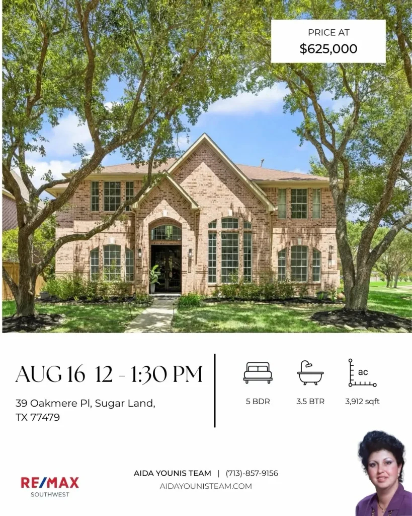 wo-story brick estate shaded by oak trees for an Aida Younis Team Open House on Oakmere Place in Sugar Land, Texas.