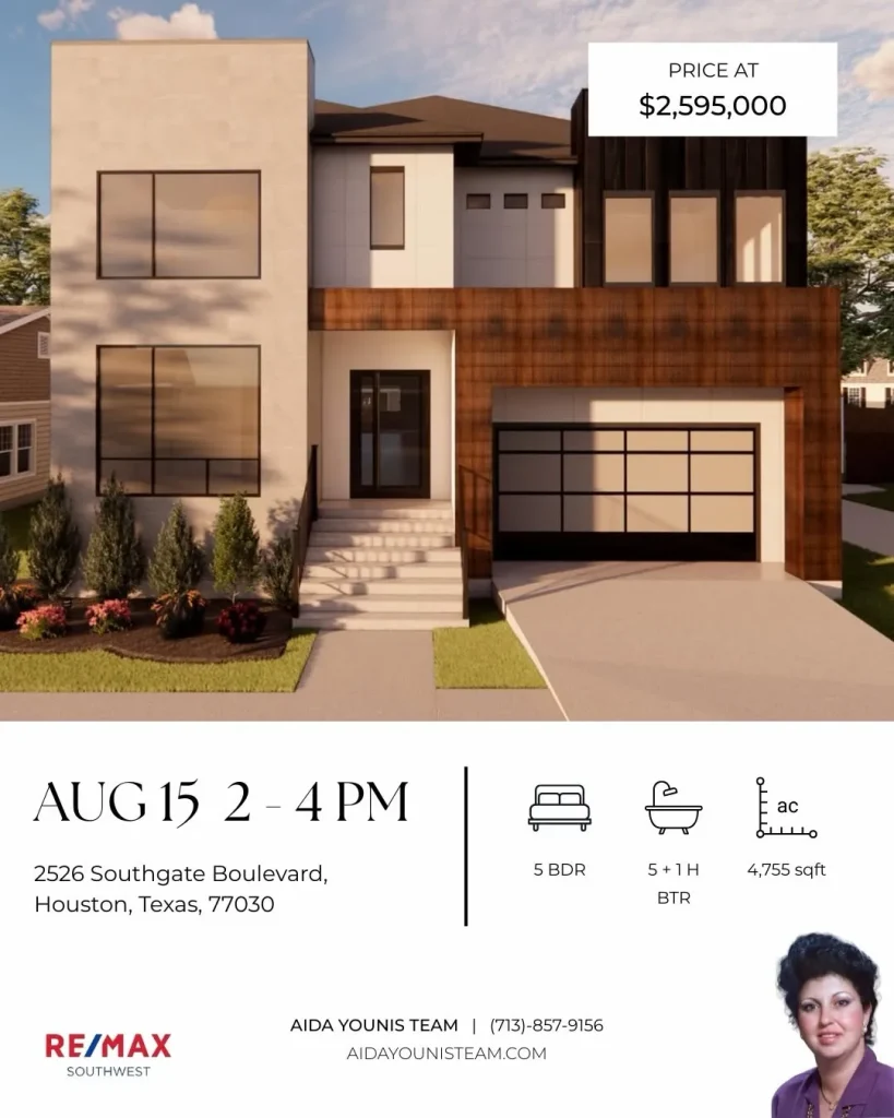 Modern exterior of a luxury home for an Aida Younis Team Open House on Southgate Boulevard in Houston, Texas.