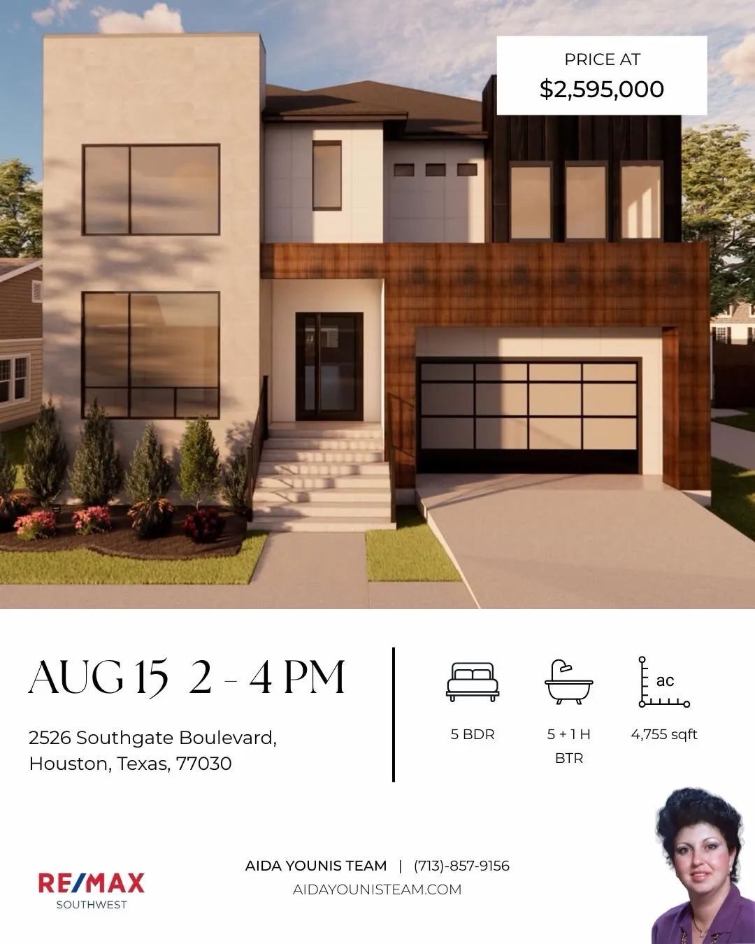 Modern exterior of a luxury home for an Aida Younis Team Open House on Southgate Boulevard in Houston, Texas.
