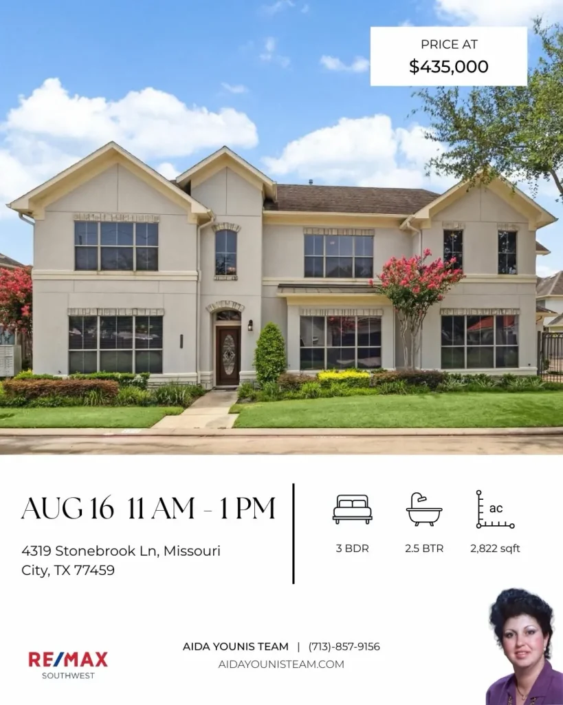Contemporary home with blooming trees for an Aida Younis Team Open House on 4319 Stonebrook Lane in Missouri City.