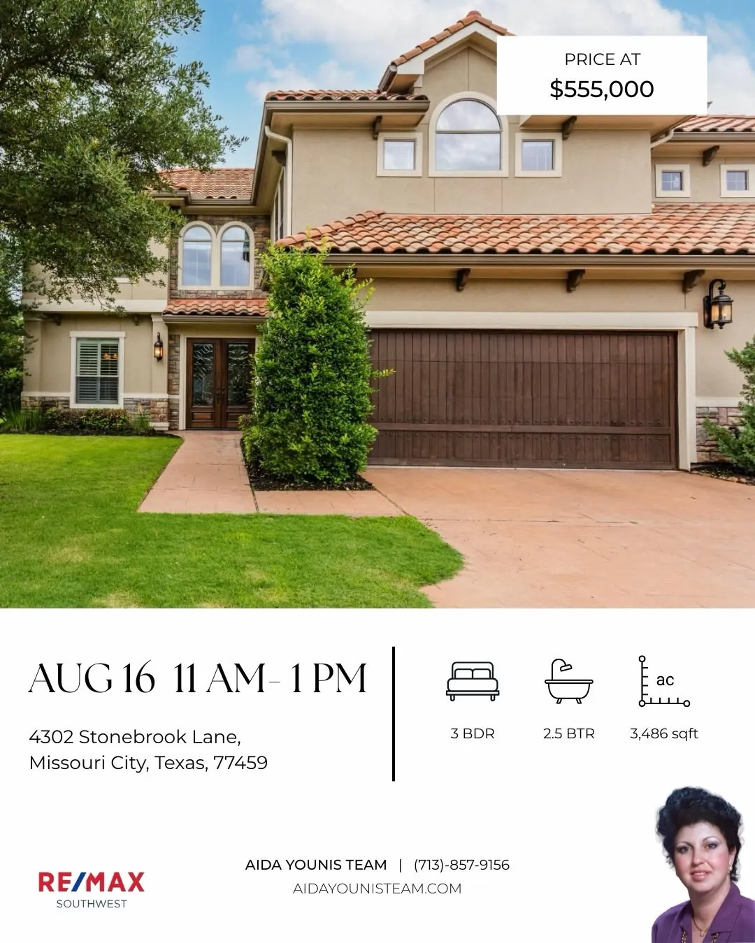 Mediterranean-style house with tile roof for an Aida Younis Team Open House on Stonebrook Lane, Missouri City, TX.
