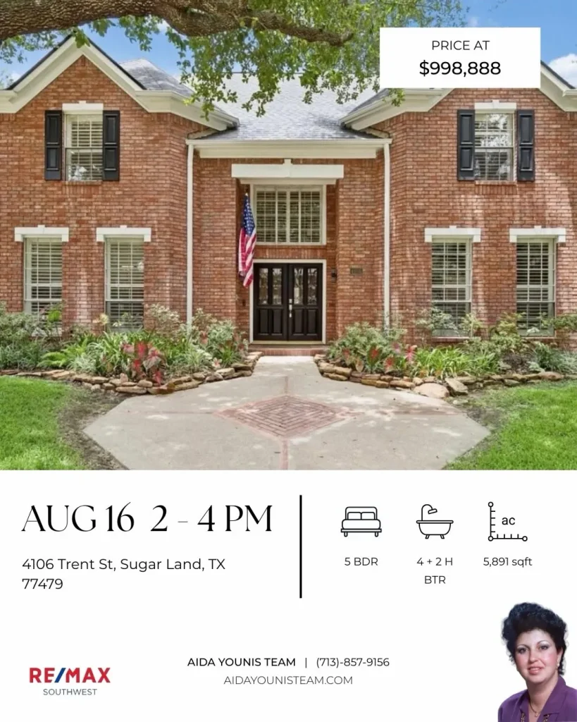 Classic red brick home with black shutters for an Aida Younis Team Open House on Trent Street in Sugar Land, Texas.