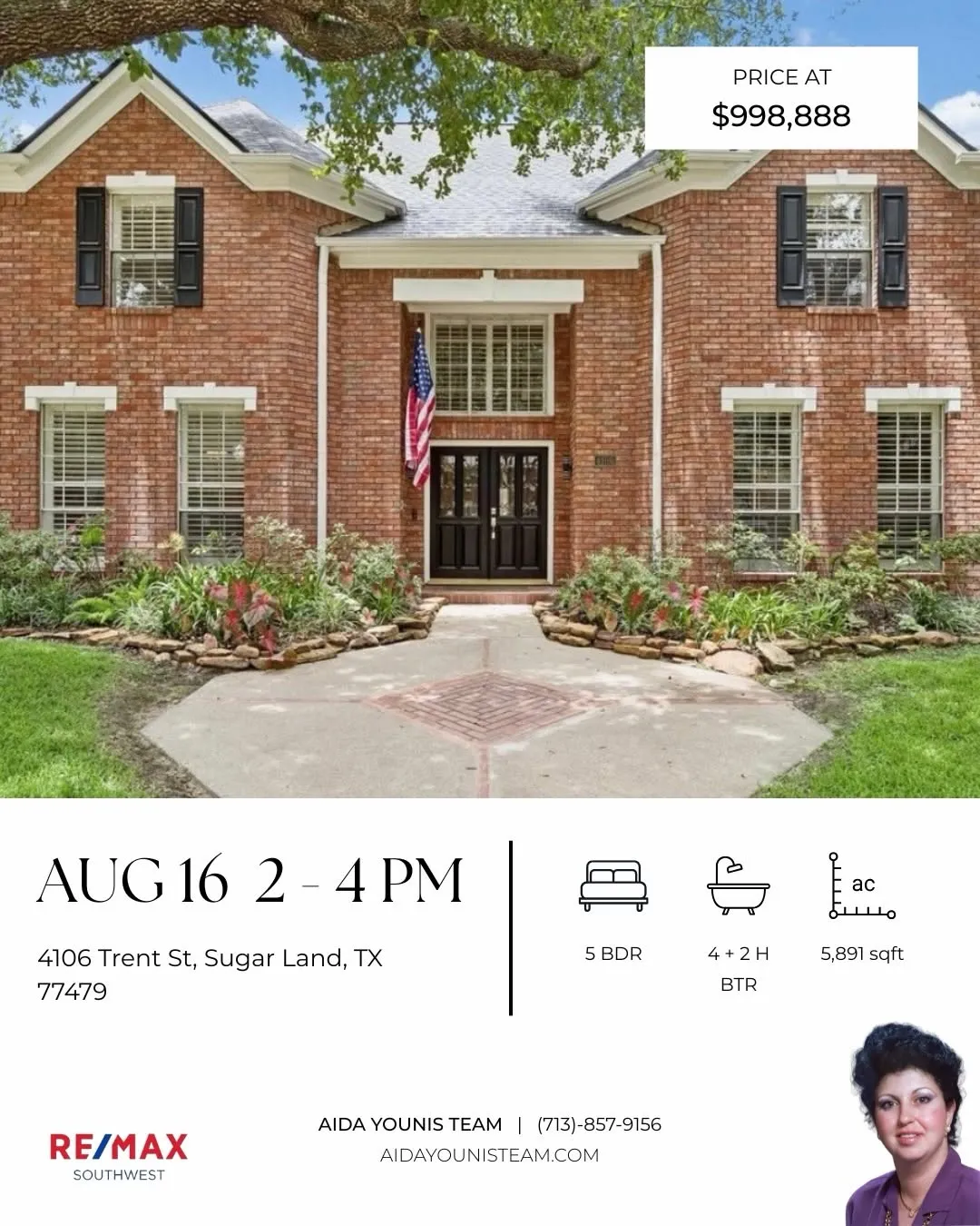 Classic red brick home with black shutters for an Aida Younis Team Open House on Trent Street in Sugar Land, Texas.