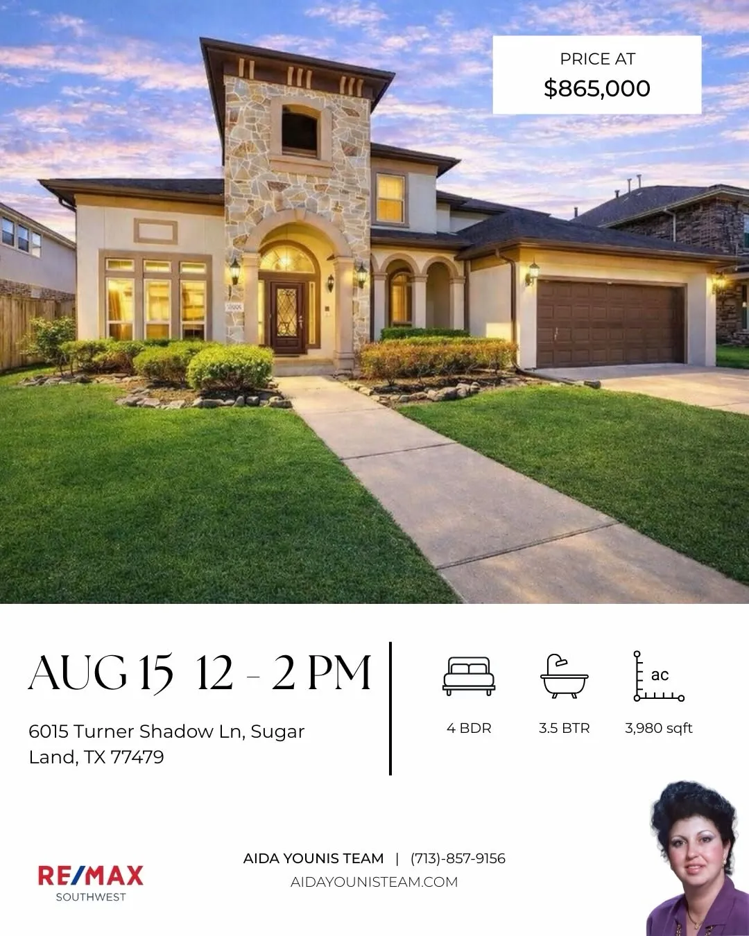 Two-story stone house exterior for an Aida Younis Team Open House on Turner Shadow Lane in Sugar Land, Texas.