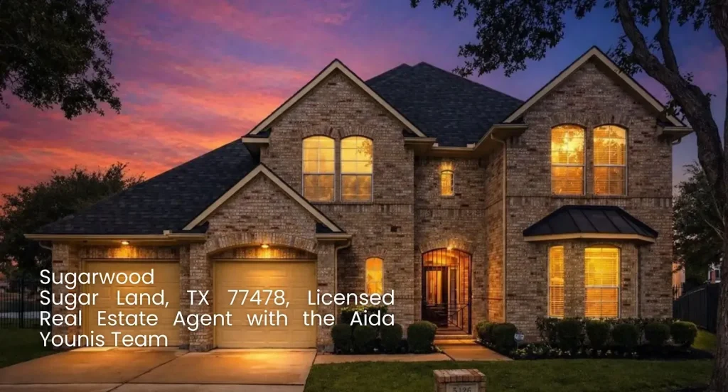 Illuminated two-story brick home at vibrant sunset listed by a licensed real estate agent Sugar Land professional.