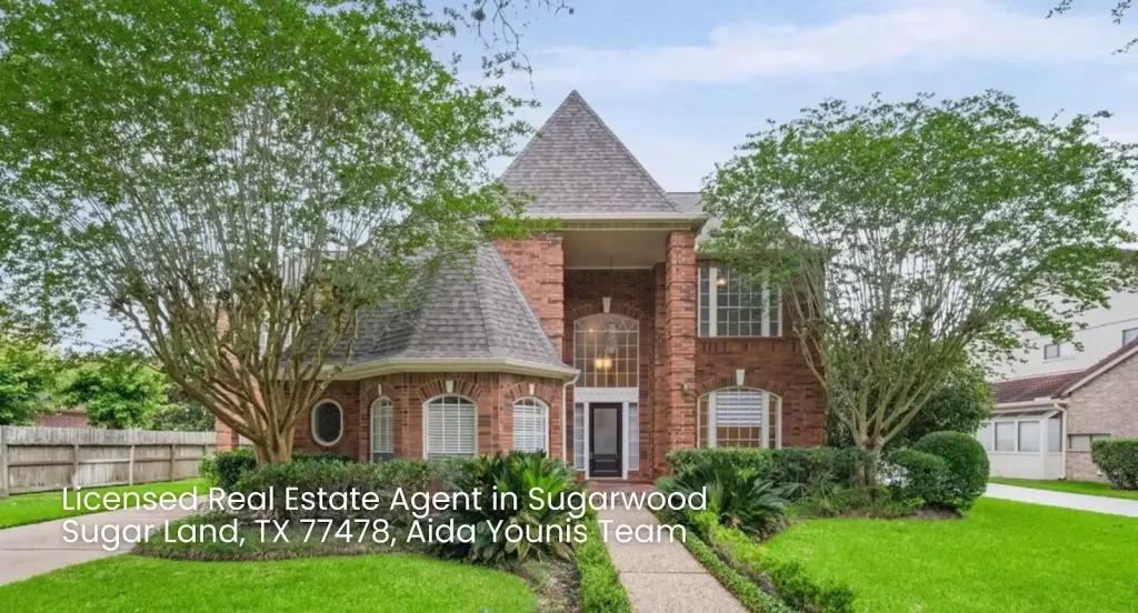 Two-story brick home with turret roof and front lawn listed by a licensed real estate agent Sugar Land professional.