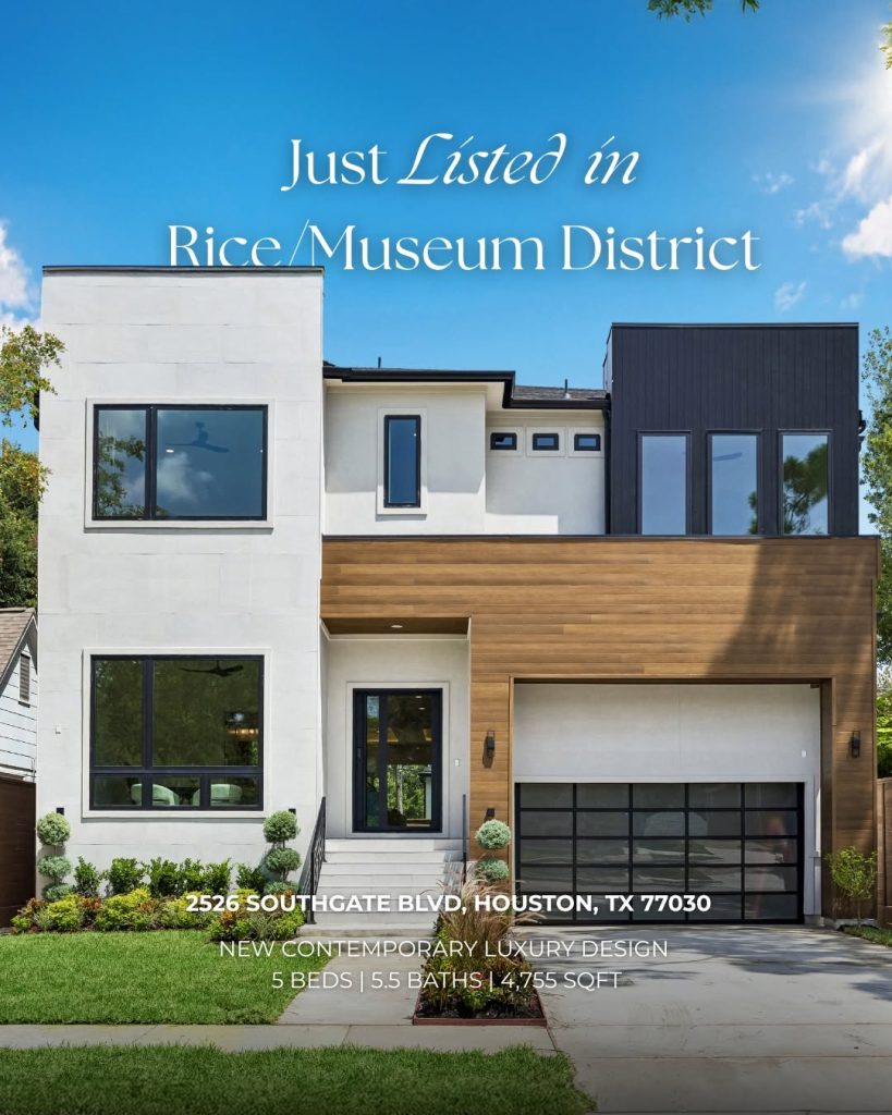Luxury exterior of a modern new construction home Rice Museum District Houston listing with glass garage door.