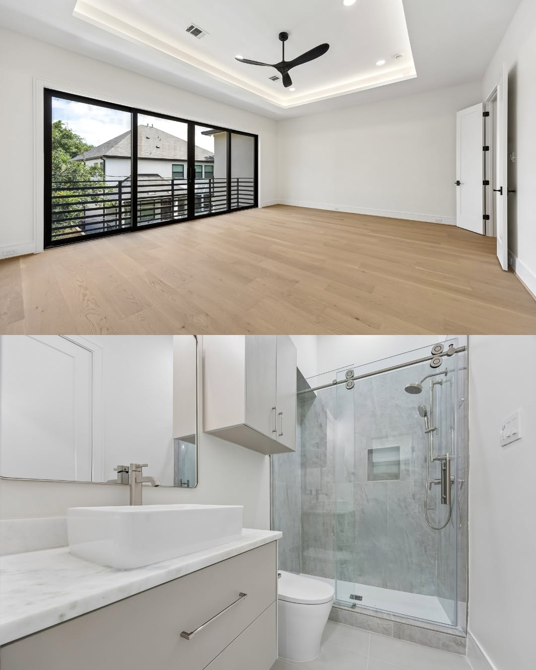 Spacious empty bedroom and modern tiled bathroom in a new construction home Rice Museum District Houston home.