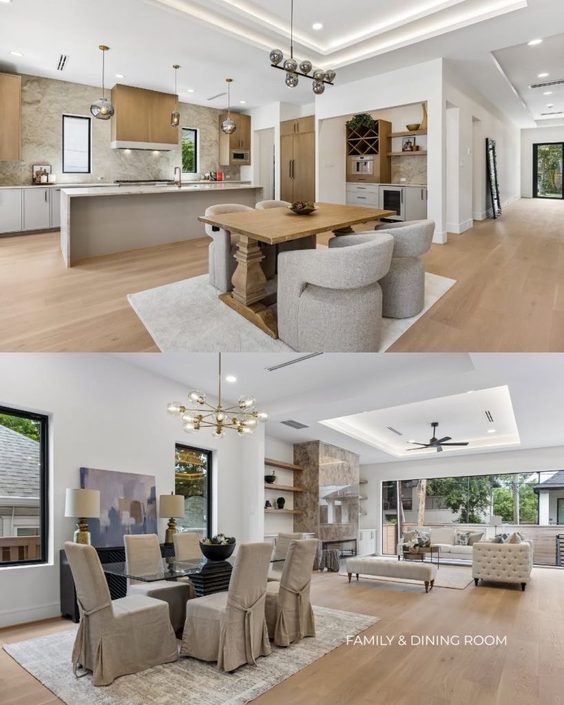 Open dining and family area inside a luxury new construction home Rice Museum District Houston property.