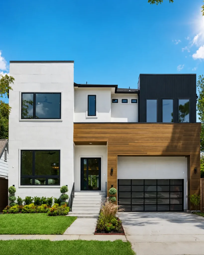 Modern exterior with wood siding and glass garage on a New construction home Rice Museum District Houston estate.