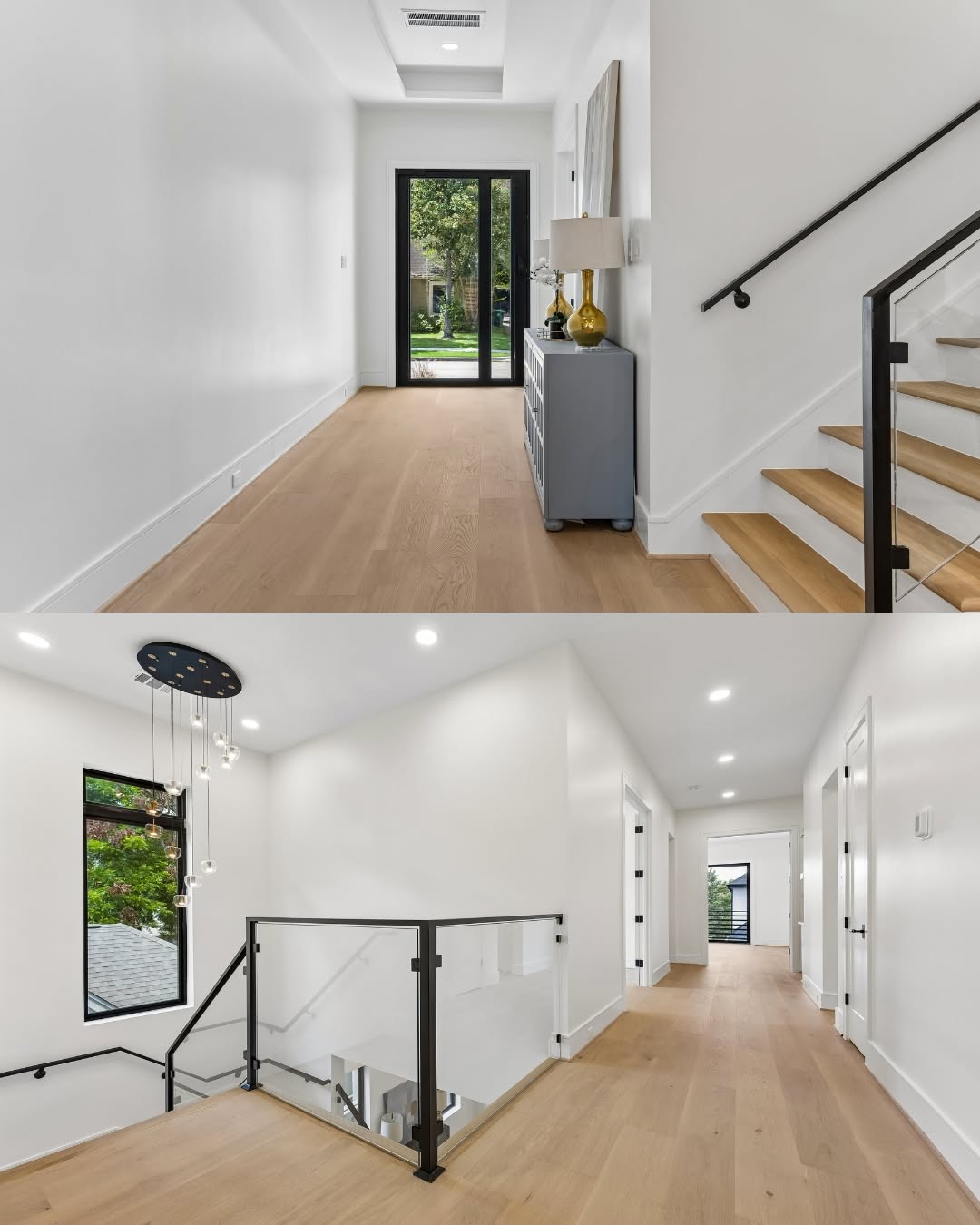 Bright entry hall and modern glass staircase in a new construction home Rice Museum District Houston house.