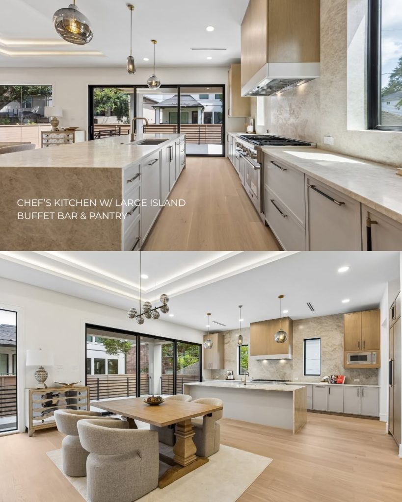 Modern chef kitchen and dining area in a new construction home Rice Museum District Houston luxury build.