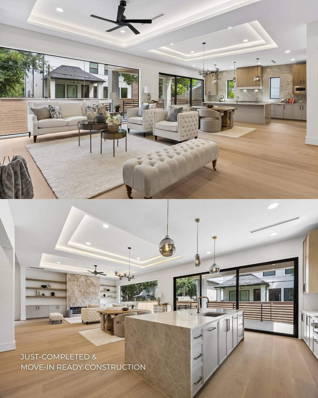 Spacious living room and kitchen inside a new construction home Rice Museum District Houston property.