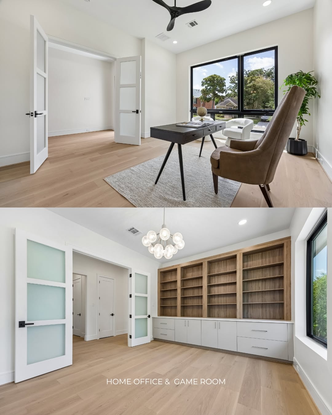 Private home office and expansive game room within a new construction home Rice Museum District Houston build.