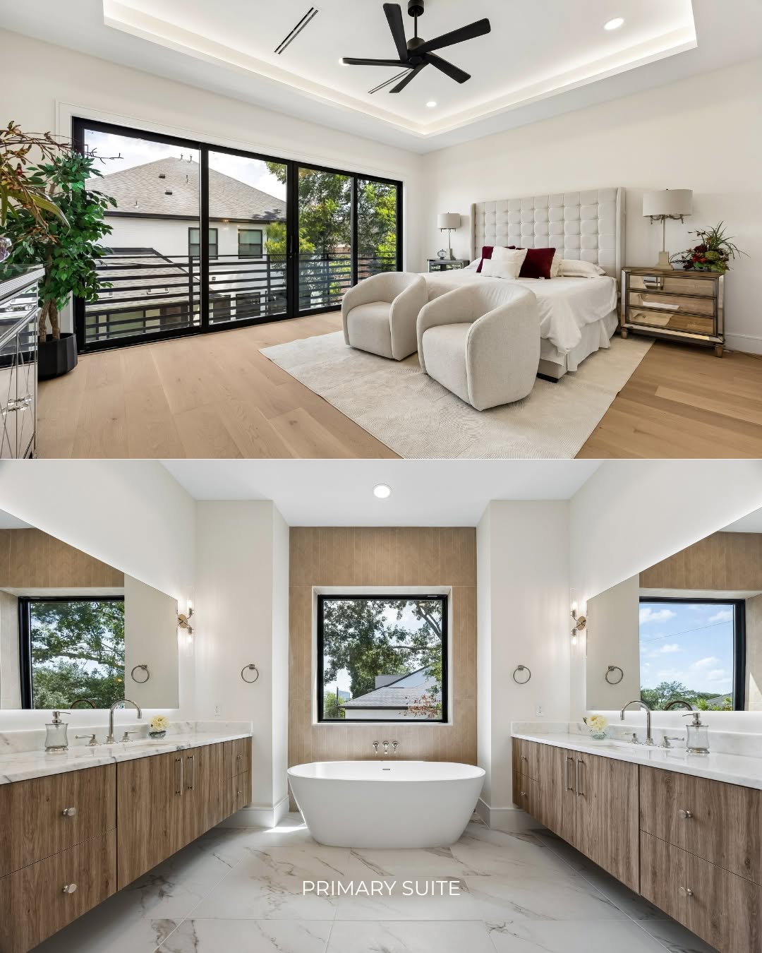 Primary bedroom and modern ensuite bathroom in a new construction home Rice Museum District Houston estate.