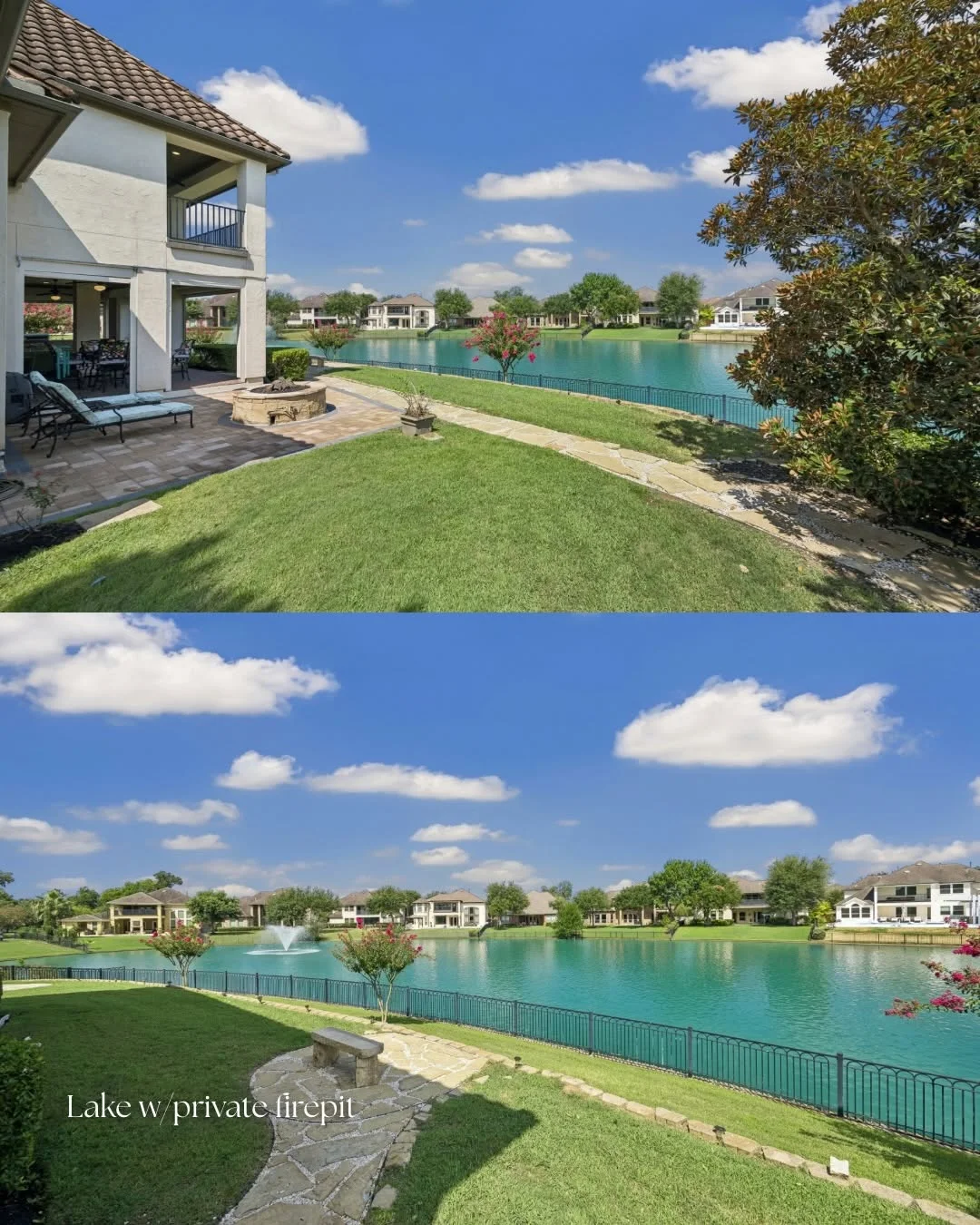Lush green backyard featuring a private fire pit and stone bench beside the lake at a Riverstone waterfront home for sale.