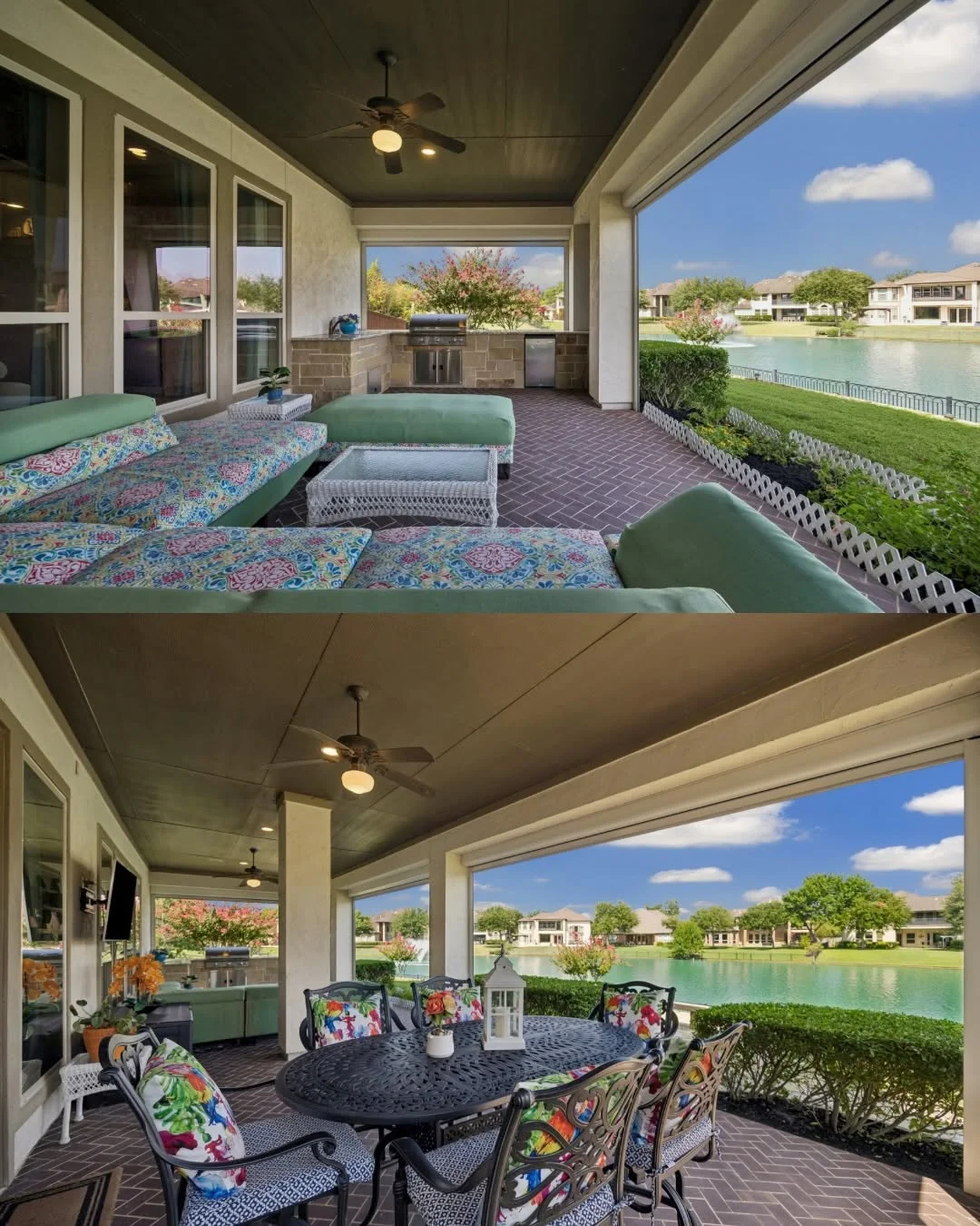 Covered patio with outdoor kitchen and dining area overlooking the lake at a Riverstone waterfront home for sale.