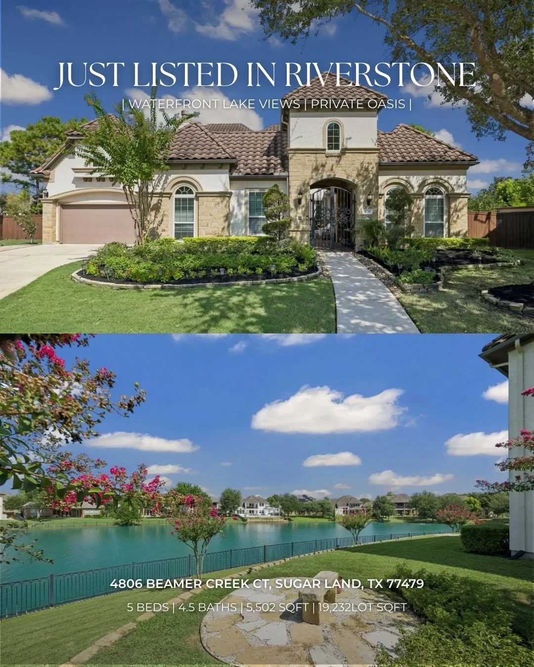 Two-panel view showing the stone exterior and lake views of a Riverstone waterfront home for sale in Sugar Land.
