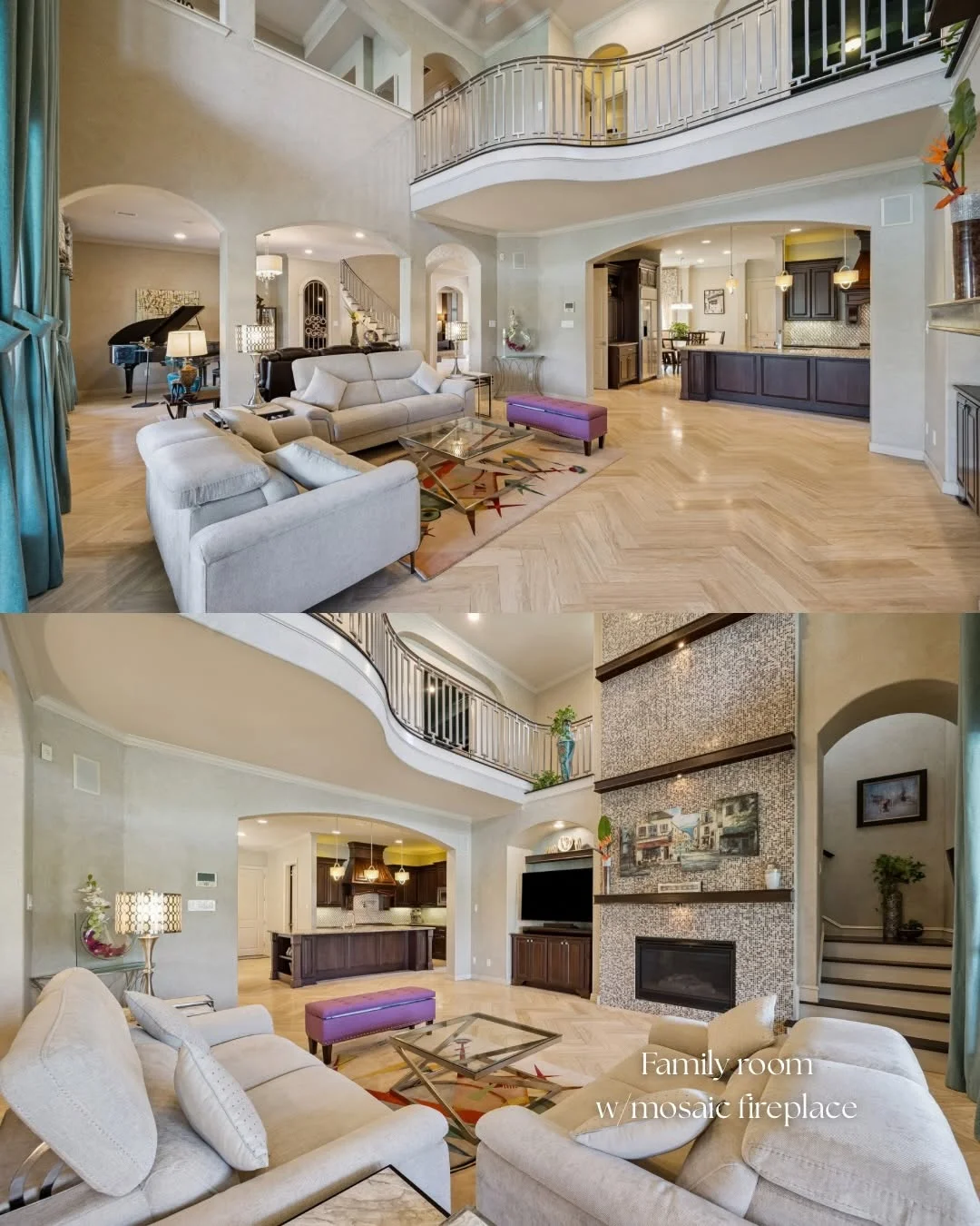 Family room featuring a mosaic fireplace and open layout in a luxury Riverstone waterfront home for sale.