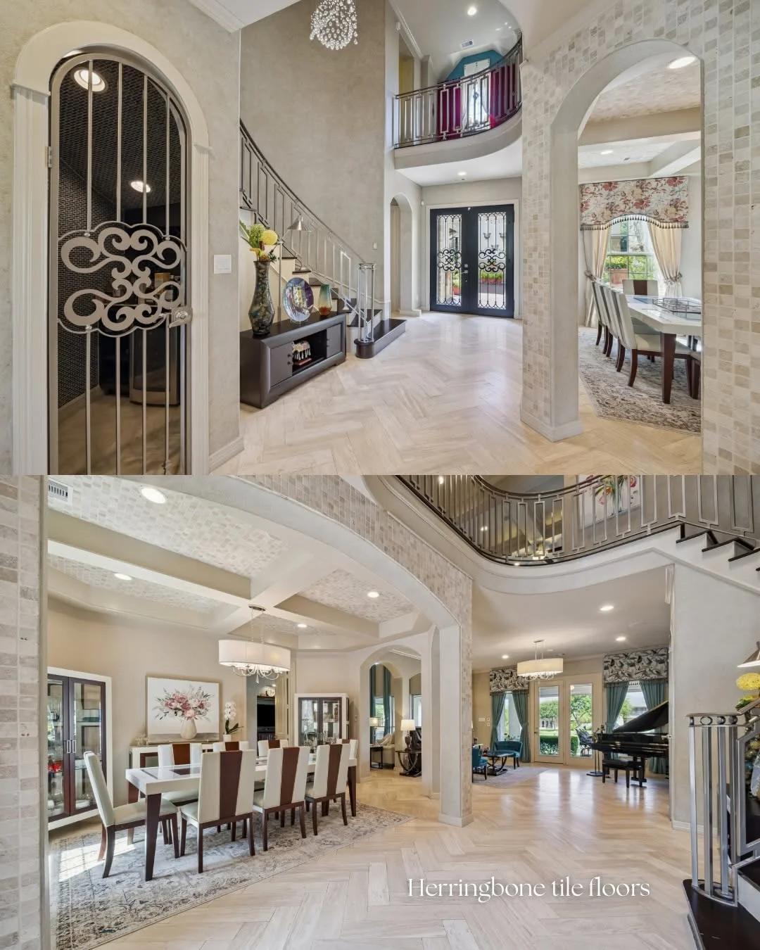 Spacious foyer with herringbone tile floors and dining area inside a Riverstone waterfront home for sale.