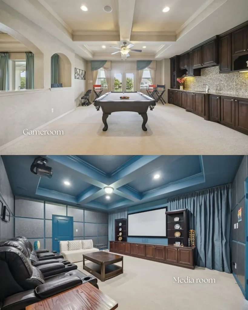 Entertainment spaces including a pool table gameroom and media room in a Riverstone waterfront home for sale.