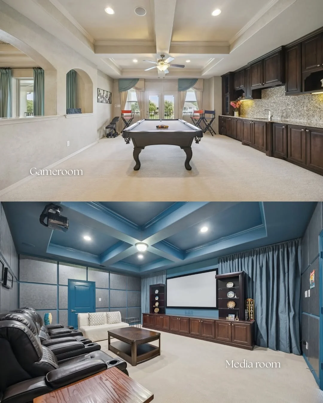 Entertainment spaces including a pool table gameroom and media room in a Riverstone waterfront home for sale.