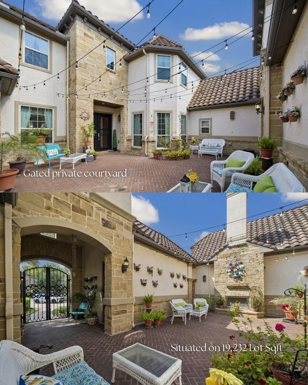 Split-view showing a gated brick courtyard with outdoor seating at a Riverstone waterfront home for sale.