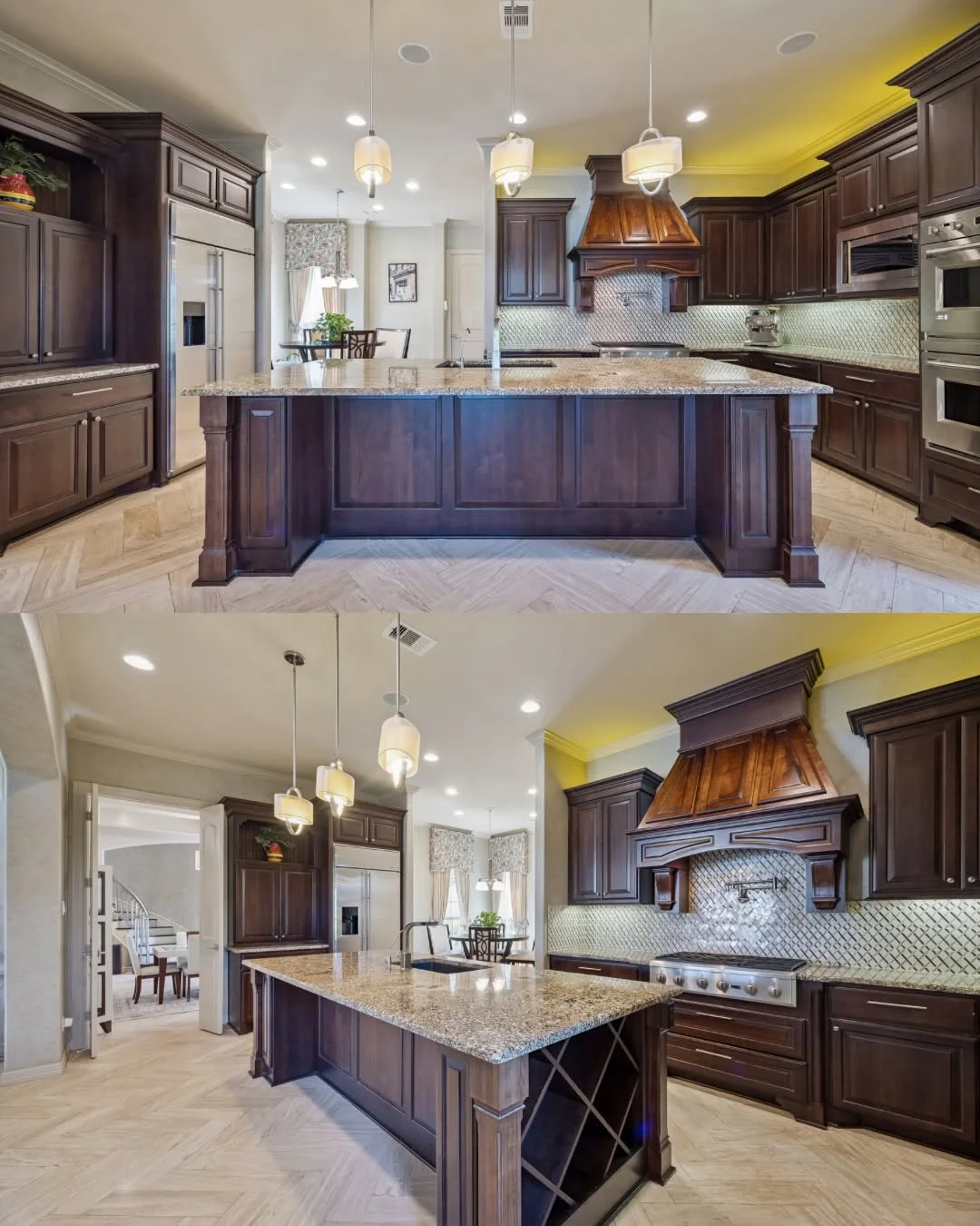 Gourmet kitchen with dark cabinetry and a large granite island in a Riverstone waterfront home for sale.