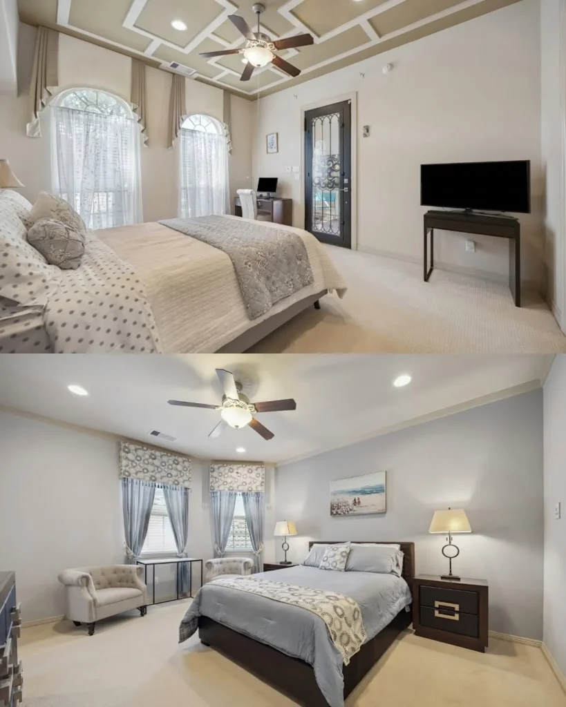Two stylishly decorated bedrooms featuring tray ceilings and ceiling fans inside a Riverstone waterfront home for sale.