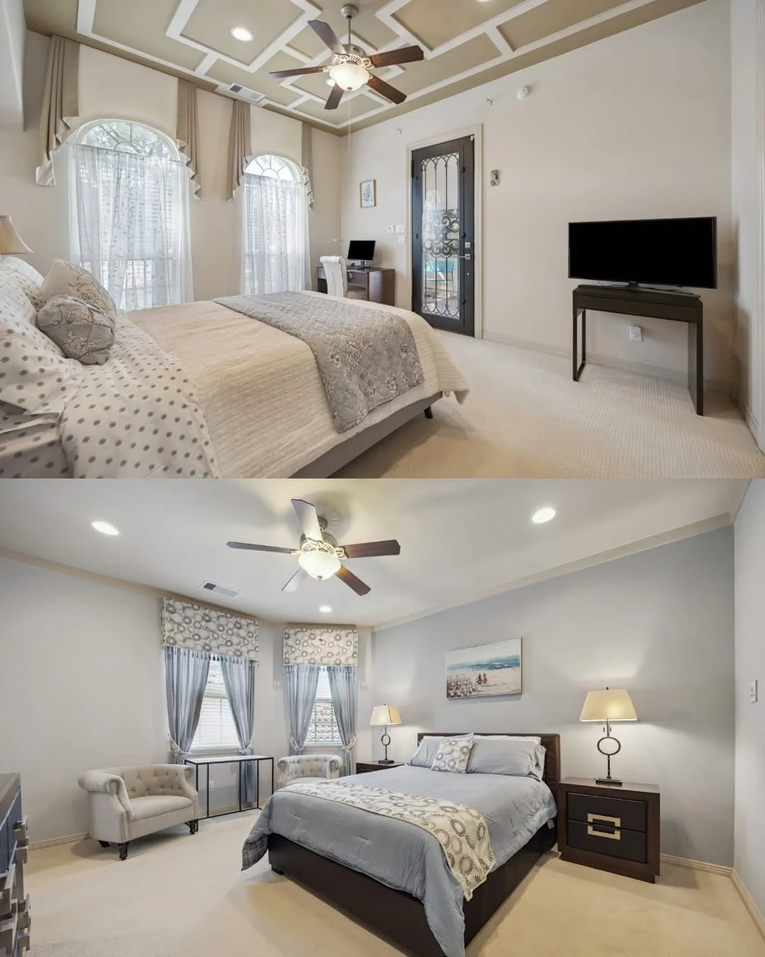 Two stylishly decorated bedrooms featuring tray ceilings and ceiling fans inside a Riverstone waterfront home for sale.