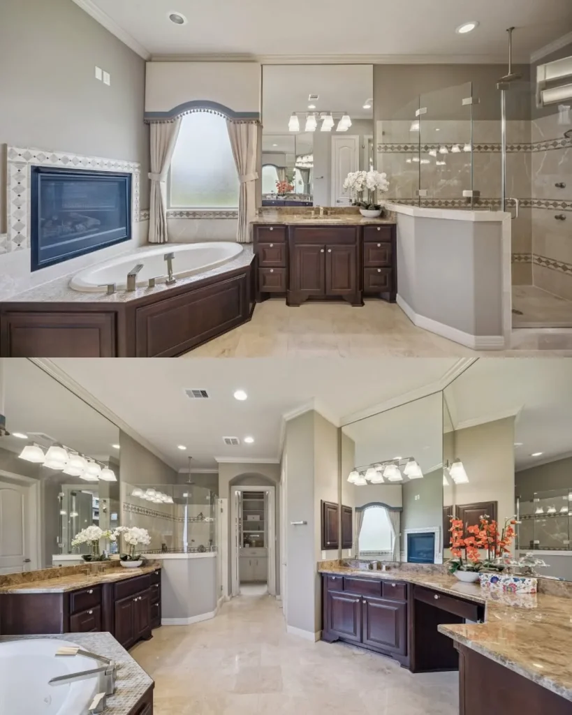 Primary bathroom featuring a soaking tub, glass shower, and vanity in a Riverstone waterfront home for sale.