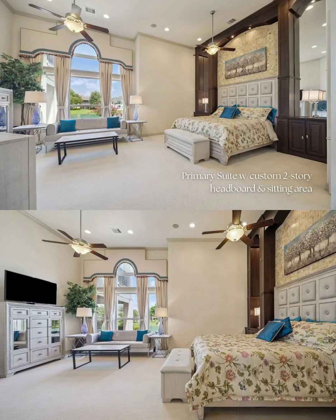 Primary bedroom suite with a custom headboard and sitting area inside a Riverstone waterfront home for sale.