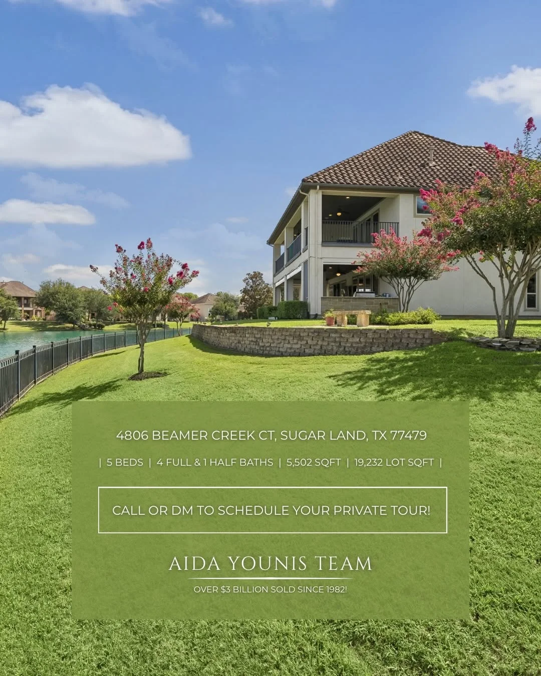 Rear exterior view of a Riverstone waterfront home for sale with listing details presented by Aida Younis Team.