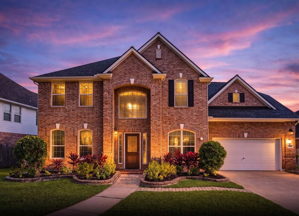 Luxury two-story brick home with illuminated front yard landscaping and dusk sunset sky represented by Aida Younis Team in Sugar Land, Texas.