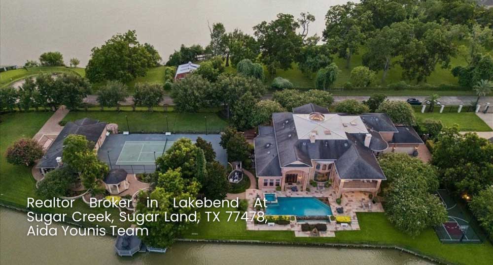 Aerial waterfront luxury estate in Lakebend At Sugar Creek represented by realtor broker Sugar Land Aida Younis.